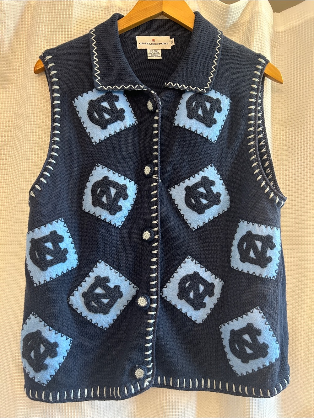 Castles Sport UNC Patchwork Knit Vest Navy & Carolina Blue XL Vintage Tarheel